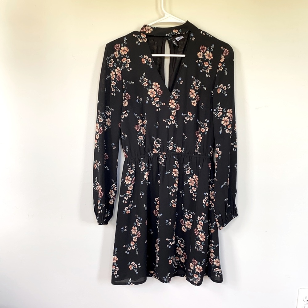 H&M Divided Black Floral Round Neck Halter Dress